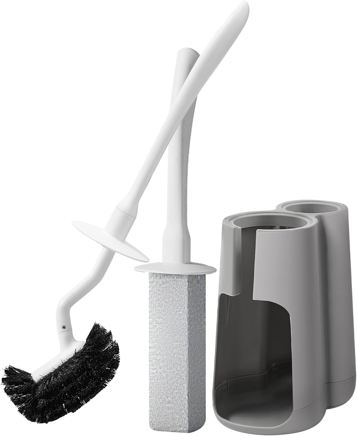 Toilet Brush and Holder Set with Pumice Stone Toilet Bowl Cleaner | Long-handle Scrubber with Ventilated Holder and Pumice Stone for Hard Water Stains, Limescale and Toilet Rings