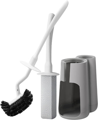 Toilet Brush and Holder Set with Pumice Stone Toilet Bowl Cleaner | Long-handle Scrubber with Ventilated Holder and Pumice Stone for Hard Water Stains, Limescale and Toilet Rings