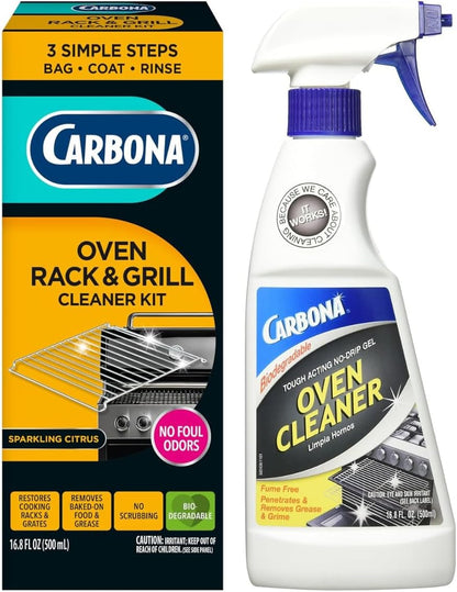 Carbona Oven Rack & Grill Cleaner Kit, Includes Bag & Gloves, Eliminates Thick Grease, Grime & Baked-On Food, Unscented Formula, No Scrubbing Required