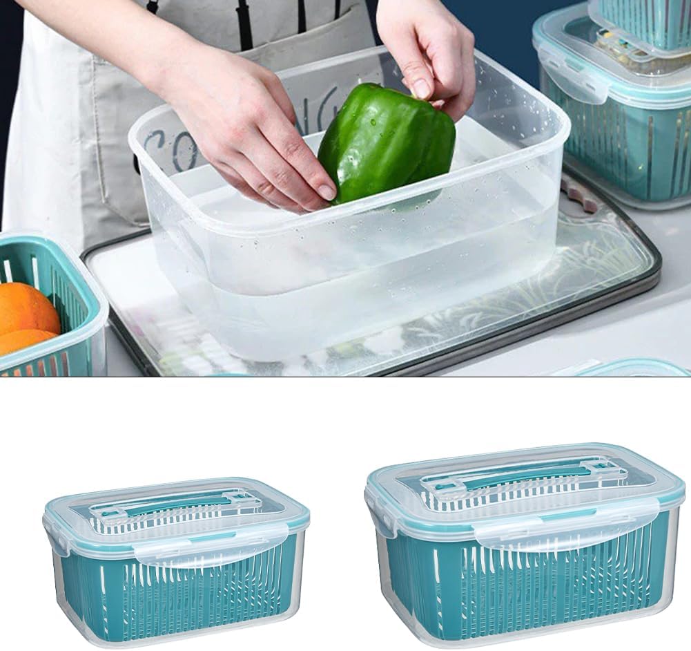 2 Pack Fruit Storage Containers for Fridge w/Removable Colander | 44oz+23oz - Stackable & Handle, Fresh Food Produce Saver Containers with Removable Colander, Vegetable Lettuce Keeper Bowl