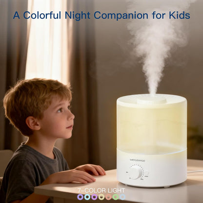 MEGAWISE Sleek 2L Humdifier for Bedroom, Baby,Plant, 24dB Cool Mist Ultrasonic humidifiers, Colorful Night Light, Top-Refill 1 Gal Essential Oil Diffuser, Auto Shut Off