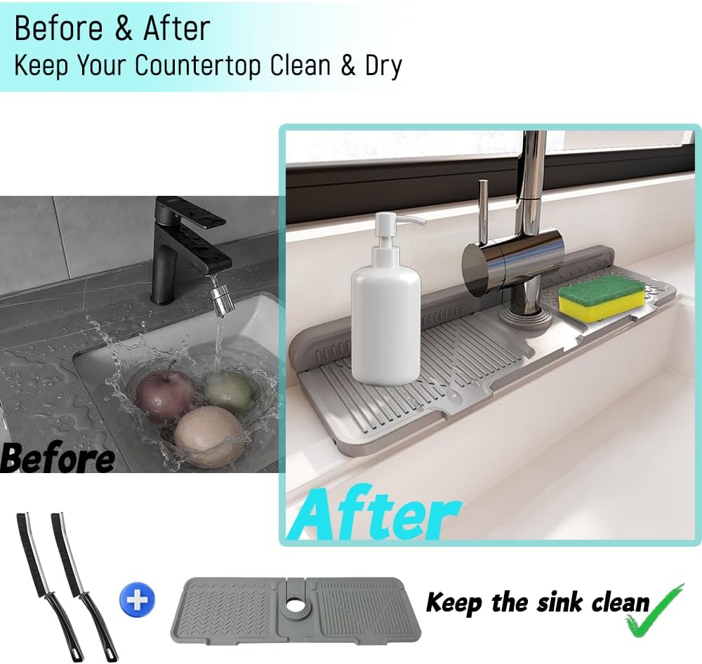 17.3" Silicone Faucet Mat for Kitchen Sink, Splash Guard with 2 Cleaning Brushes, Anti-Slip Suction Cups, 10° Slope Fast-Drain Countertop Protector, Grey