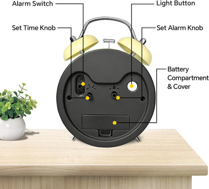 4.5" Metal Loud Alarm Clock for Heavy Sleepers Adults, Analog Battery Operated Alarm Clock with Bells Glow in Dark Numbers, Silent Old School Bedside Desk Clock for Bedroom Office Kids, Black