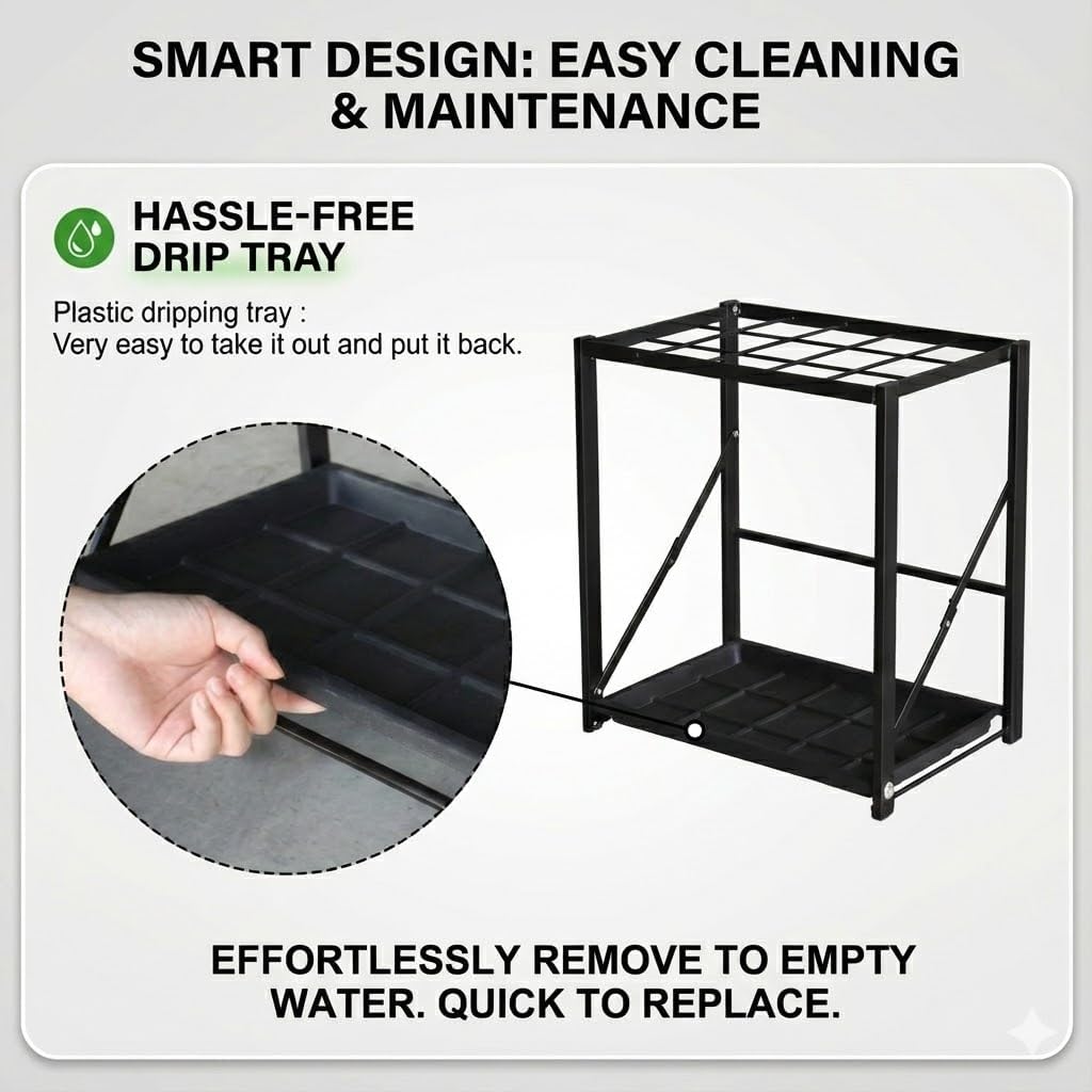 Folding Umbrella Storage Stand Rack Holder Organizer Free Standing Industrial Umbrella Rack for Entryway Home Commercial Office Hotel Entry Hallway Patio Décor with Removable Drip Tray