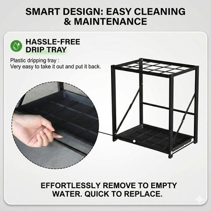 Folding Umbrella Storage Stand Rack Holder Organizer Free Standing Industrial Umbrella Rack for Entryway Home Commercial Office Hotel Entry Hallway Patio Décor with Removable Drip Tray