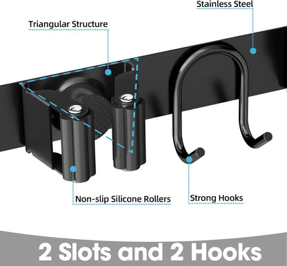 Broom Holder Wall Mount, Stainless Steel Mop and Broom Organizer, Broom Hanger with 2 Slots 2 Hooks for Home Kitchen, Garage, Garden and Laundry Room, Black