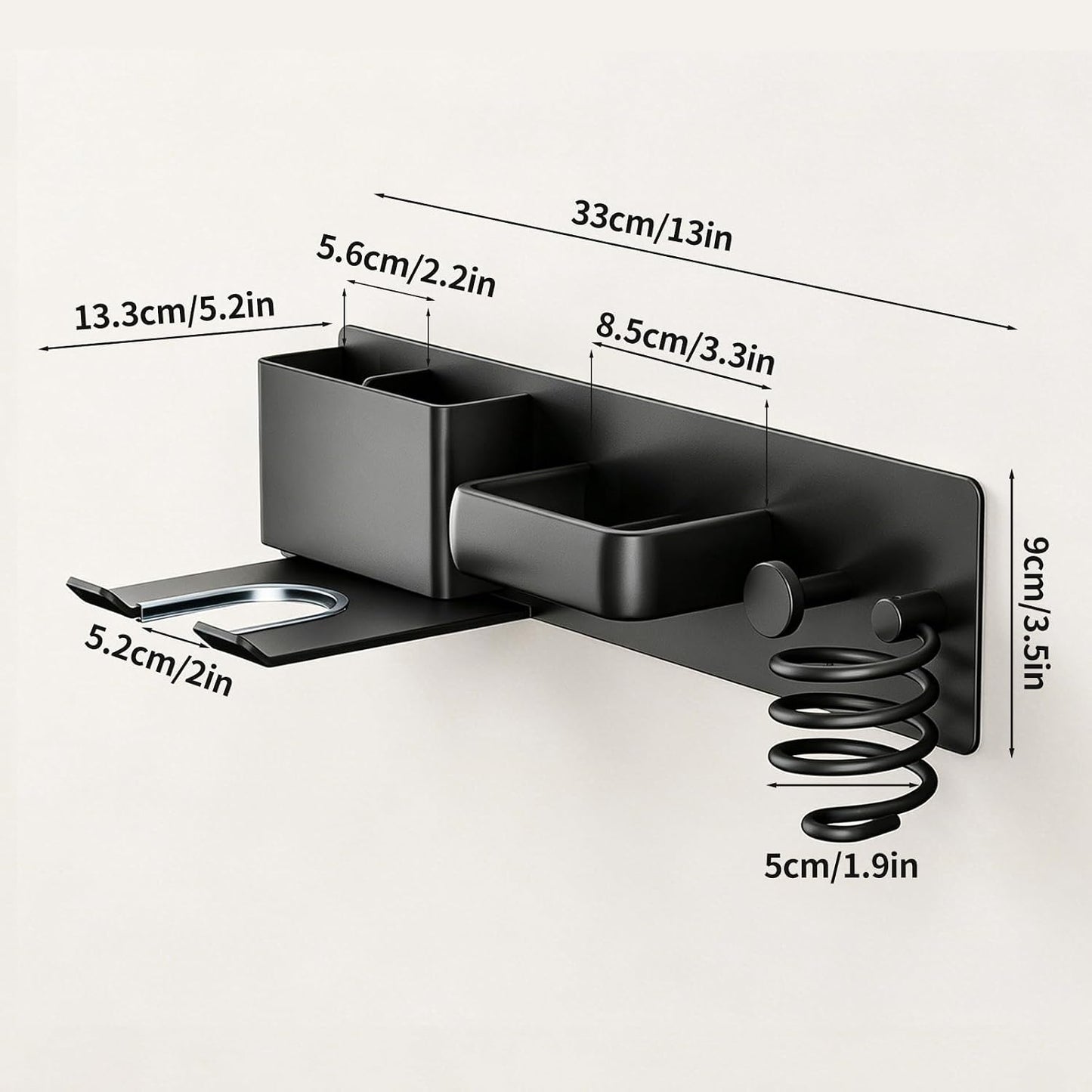 No-Drill Hair Dryer Holder Wall Mount with Storage Compartment for Bathroom | 4-in-1 Hair Tool Organizer, Blow Dryer Holder, Curler & Styler, Aluminum, Cable Mgmt, Space-Saving. Ideal for Bedroom, Salon
