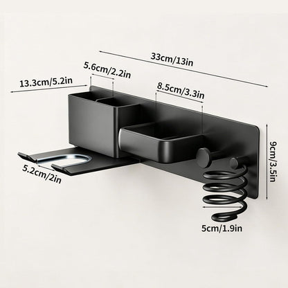 No-Drill Hair Dryer Holder Wall Mount with Storage Compartment for Bathroom | 4-in-1 Hair Tool Organizer, Blow Dryer Holder, Curler & Styler, Aluminum, Cable Mgmt, Space-Saving. Ideal for Bedroom, Salon