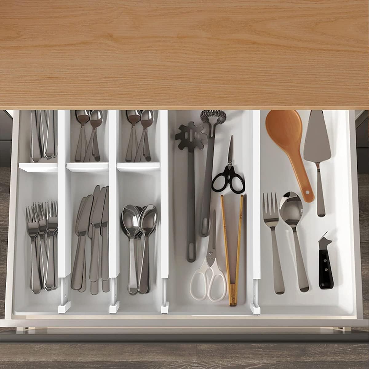 Bamboo Drawer Dividers Organizers, Drawer Separators Splitter,17-22 inches Long Adjustable Spring-loaded Organizer for Large Utensil, Clothes, Tools Drawers(yellow)