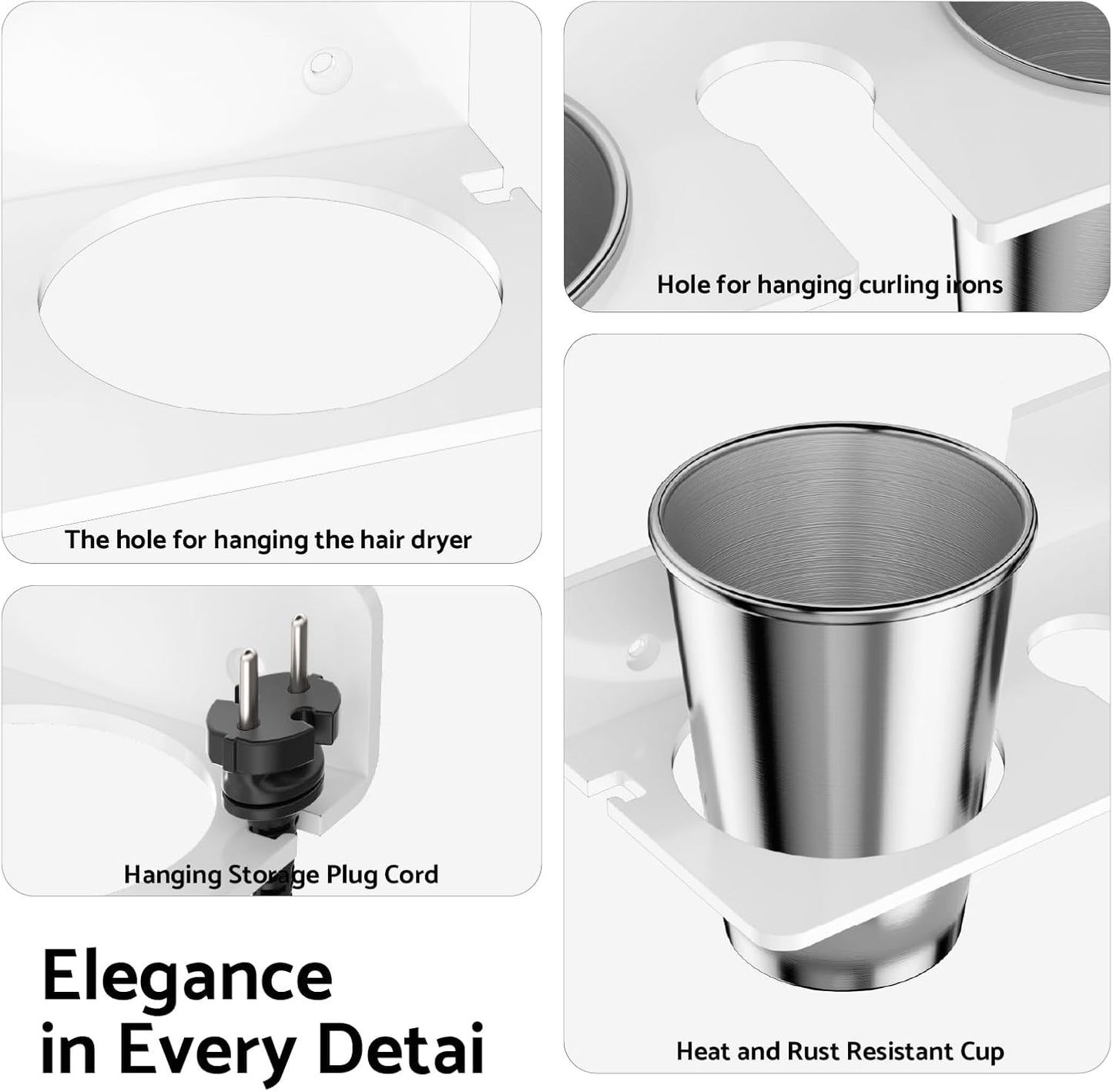 Hair Tool Organizer Wall Mount, White Acrylic Hot Tool Holder with 2Cups, Bathroom Hair Styling Accessories Storage Organizer for Flat Iron, Blow Dryer, Curling Wand