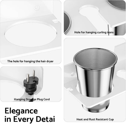 Hair Tool Organizer Wall Mount, White Acrylic Hot Tool Holder with 2Cups, Bathroom Hair Styling Accessories Storage Organizer for Flat Iron, Blow Dryer, Curling Wand