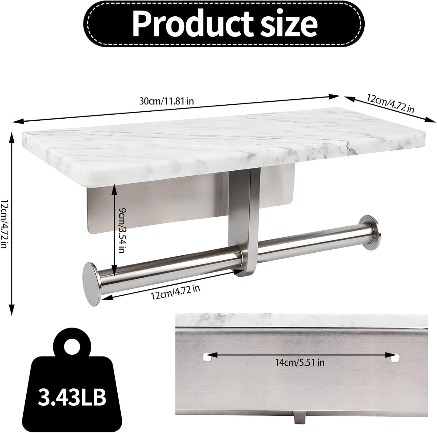 Toilet Paper Holder with Natural Marble Shelf for Bathroom Washroom,Wall Mounted Tissue Holder Suitable for Mega Roll (Brushed Nickel,Small 6.7 * 4.3 in)