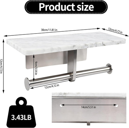Toilet Paper Holder with Natural Marble Shelf for Bathroom Washroom,Wall Mounted Tissue Holder Suitable for Mega Roll (Brushed Nickel,Small 6.7 * 4.3 in)