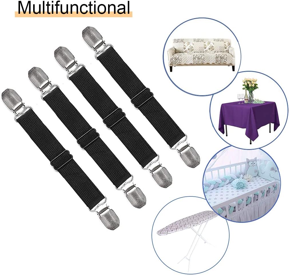 Adjustable Bed Sheet Straps Clips, Elastic Mattress Sheet Fasteners Holder and Suspenders, Grippers to Hold Sheet, Mattress, Sofa, Couch, Table Cloth, Ironing Board Cover, Black