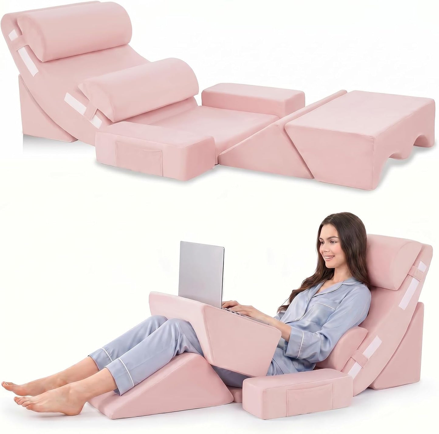 5PCS Wedge Pillow Set for After Surgery, Adjustable Orthopedic Foam Bed Wedge Pillow for Acid Reflux, GERD & Heartburn Relief, Back & Leg Elevation Support for Sleeping & Sitting Up, White Grey