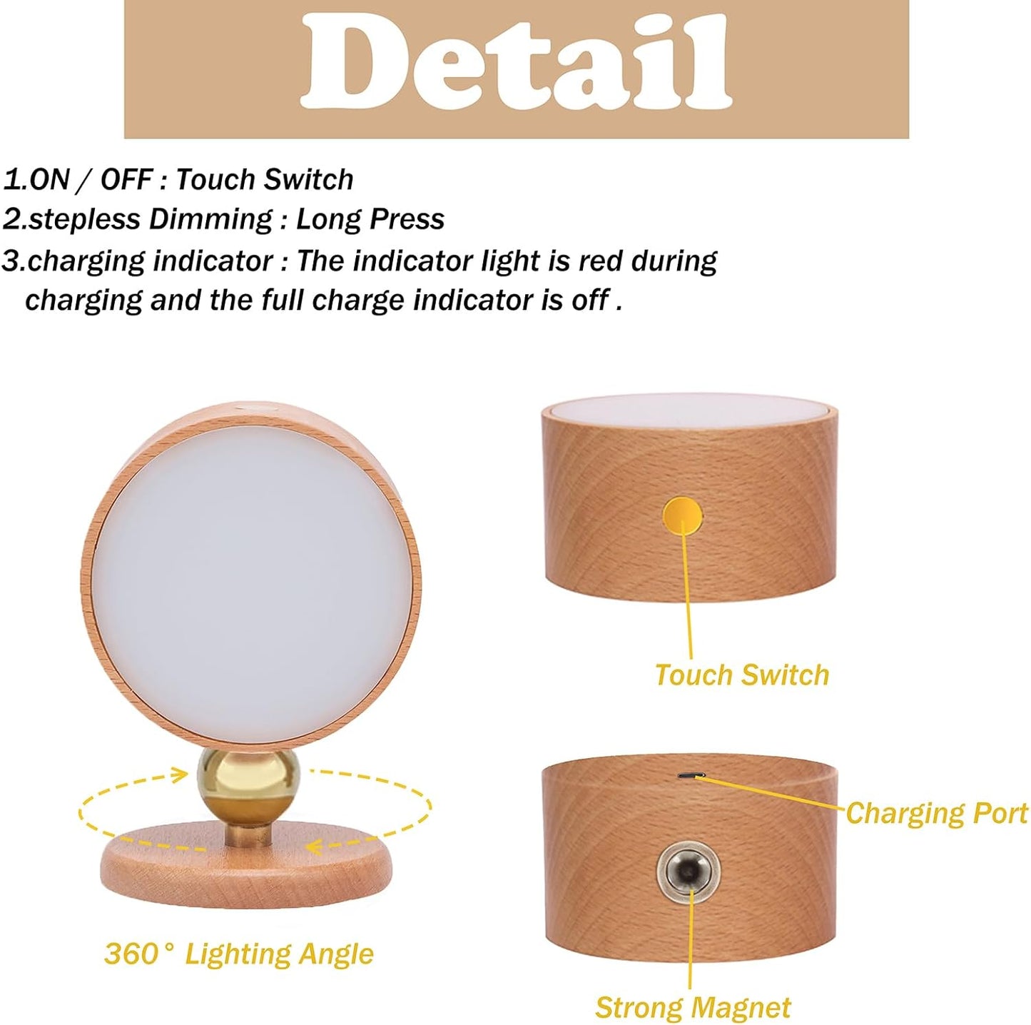 Wooden Wall Sconce 360° Rotatable Magnetic Stick on Bedside- Beech,1 PCS | Wall light self adhesive,dimmable touch control. USB-C port, minimalist style in hallways,closets,desk,reading,ambient