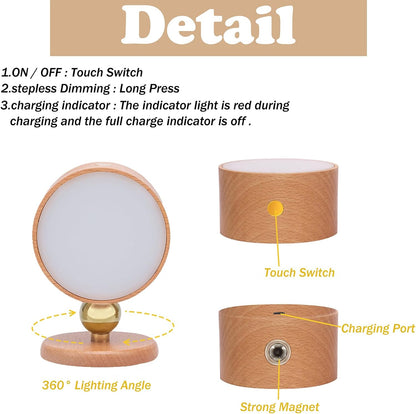 Wooden Wall Sconce 360° Rotatable Magnetic Stick on Bedside- Beech,1 PCS | Wall light self adhesive,dimmable touch control. USB-C port, minimalist style in hallways,closets,desk,reading,ambient