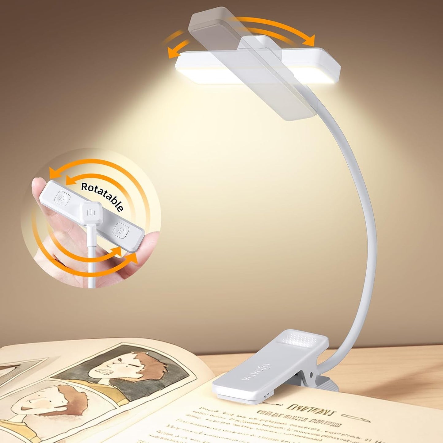 VAVOFO Rechargeable Book Light Rotatable：24 LEDs Reading Light, 3-Color & 9-Brightness Book Lamp, Eye Cared 120Hrs Runtime Lightweight Clip on Led Light for Book Lovers (Black)