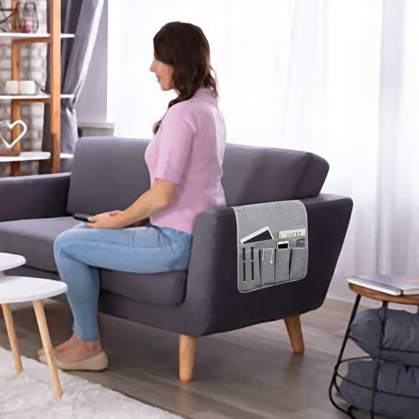 Remote Control Holders for Armchairs, Couch Caddy, Featuring Non-Slip Bases | 5 Pockets Bedside Storage Pocket for TV Remote Holder, Phone Tablet Kindle, Magazines, Gifts for Seniors (Beige, 35"X12.4")