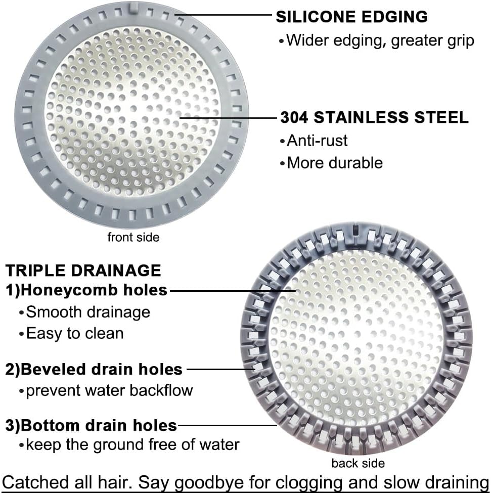 Seatery 2PCS Shower Drain Hair Catcher, Shower Drain Strainer, Stainless Steel with Silicone Edging, 4.75 Inch Diameter