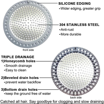 Seatery 2PCS Shower Drain Hair Catcher, Shower Drain Strainer, Stainless Steel with Silicone Edging, 4.75 Inch Diameter
