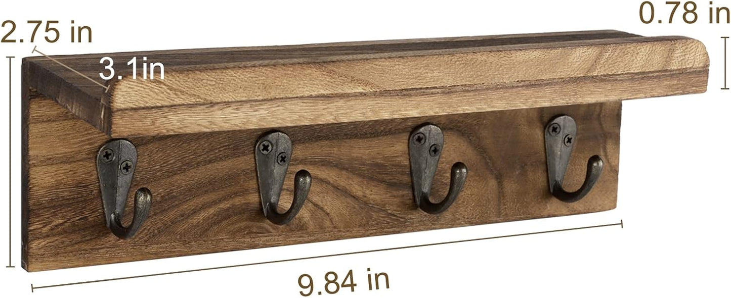 HRONRAD Rustic Key Holder for Wall, Farmhouse Wall Shelf with 4 Hooks, Wall Mounted Key Racks, Wooden Mail Organizer with Hooks for Entryway (Brown - Pine)