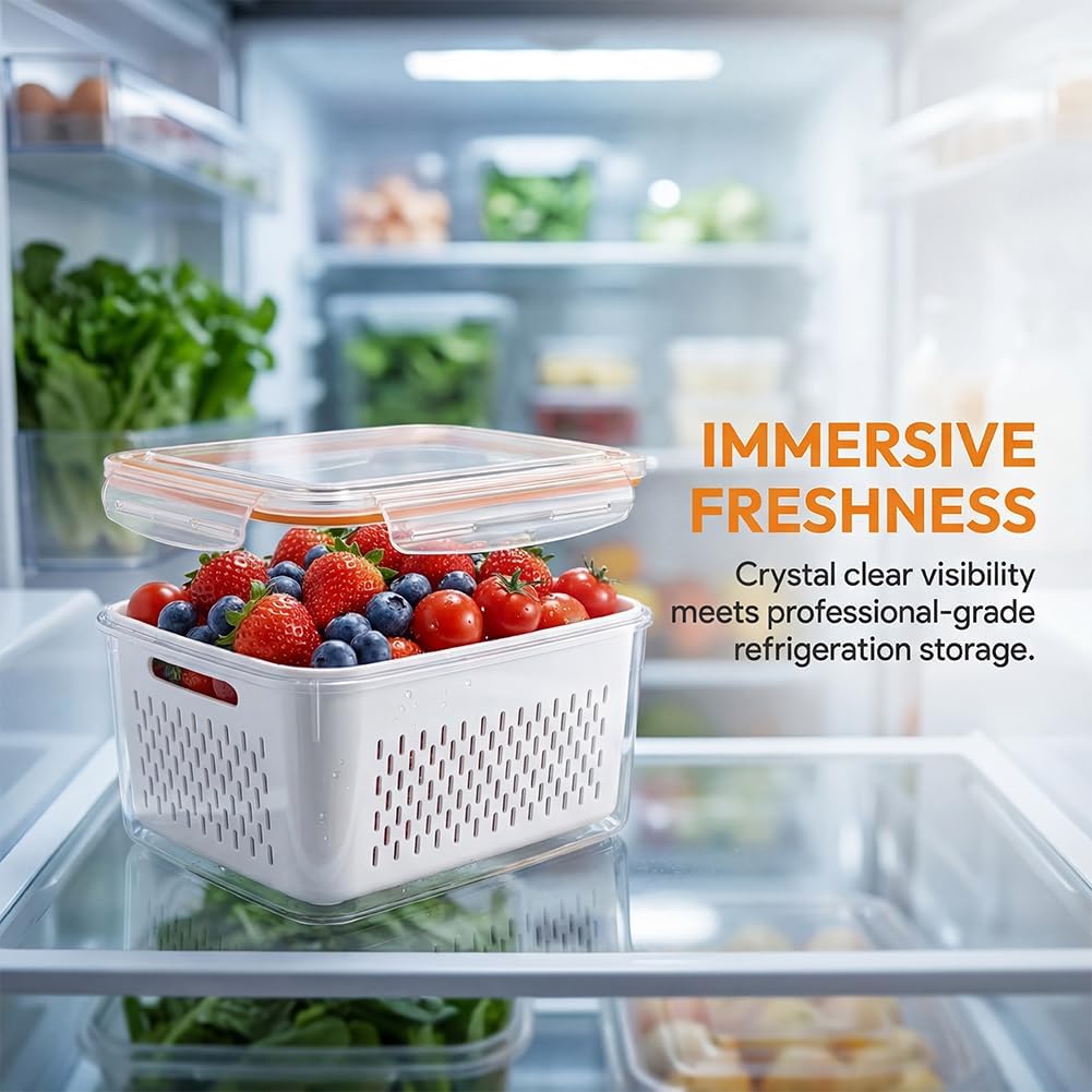 2026 Upgraded 4 in 1 Food Storage Container, Fruit Storage Containers for Fridge with Removable Colanders, Household Transparent Plastic Food Storage Box-Including Drain Basket (Blue,S+M)