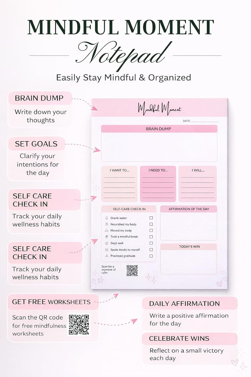 ADHD Daily Planner Notepad for Women – Brain Dump Pad, Mood Tracker & Self-Care Journal | Undated Productivity Planner for Neurodivergent Adults | 50 Tear-Off Sheets | Anxiety Relief