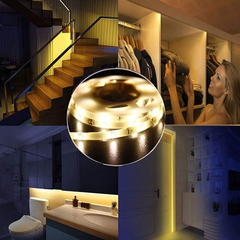 Motion Sensor LED Light Strip, 1M Closet Lights Battery Operated, 3000K Warm White for Under Cabinet Kitchen Lights, Cupboard, Counter, Stairs,Wardrobe, Under Bed Night Lighting