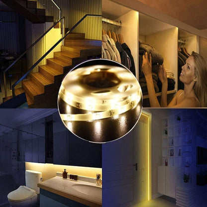 Motion Sensor LED Light Strip, 1M Closet Lights Battery Operated, 3000K Warm White for Under Cabinet Kitchen Lights, Cupboard, Counter, Stairs,Wardrobe, Under Bed Night Lighting