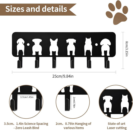 Key Hooks Decorative Dog Leash Holder for Wall, 6 Hooks 9.84×3.14 inch for Wall Decorative Animal Storage Rack Adhesive, Black Key Holder wall Mount for Entrance Living Room Kitchen-Dog Lovers Gifts