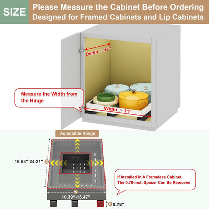 Fokyfok Pull out Cabinet Organizer,11"-16"W,17"-24"D,Expandable,Adhesive | No Drill,3 Rails,Roll out Drawers,Adjustable Slide out Shelves for Kitchen,Pantry,Framed and Framless Cabinets,White,1PC
