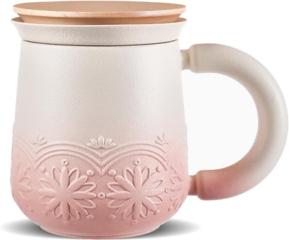 ZENS Tea Mug with Infuser and Lid for Loose Tea Diffusers, 12oz Purple | Embossed Ceramic Tea Cup with Infuser for Herbal Tea Steeper, Tea Lovers Gifts, Japandi Style Sunflower