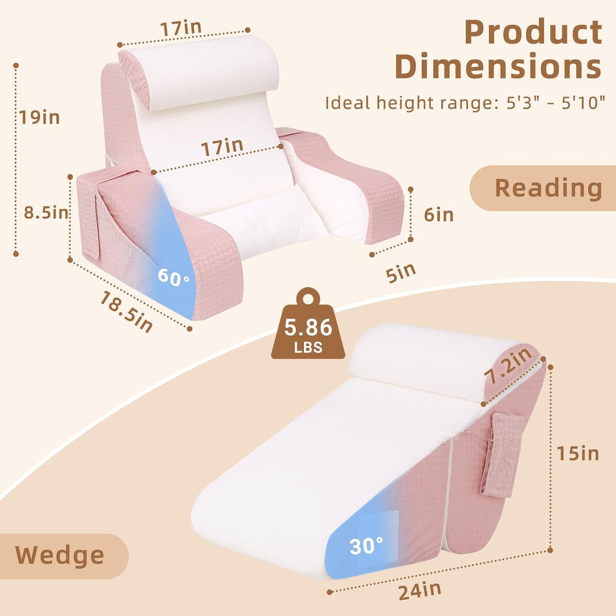 Foldable Reading Pillow for Sitting in Bed Adult, White/Grey, 19"