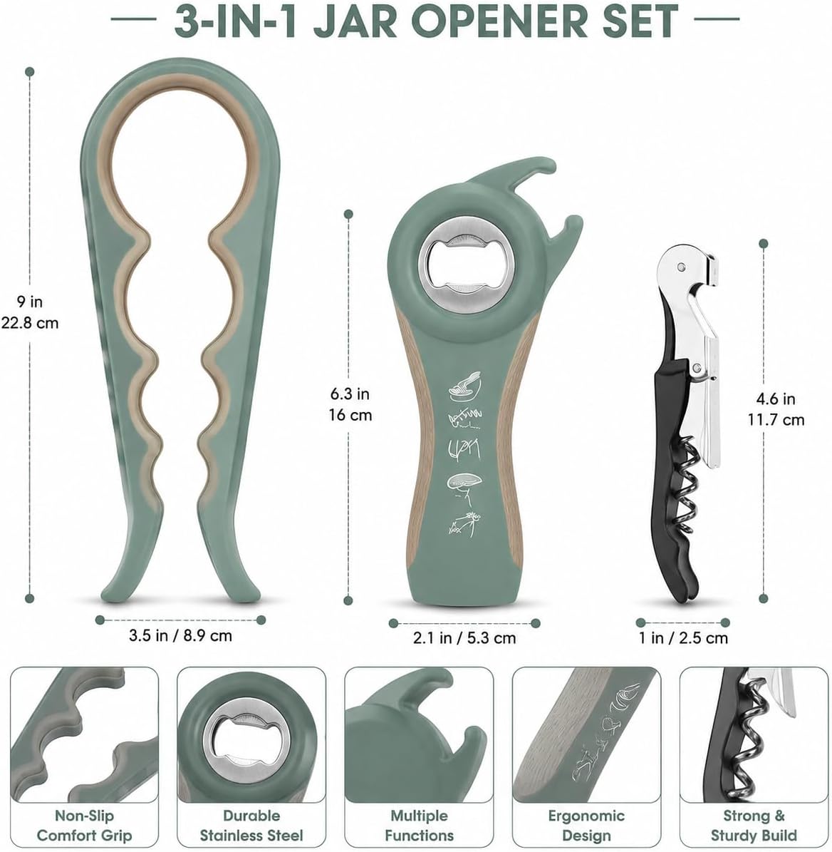 5-in-1 Non-Slip Opener Set, Can, Bottle & Wine Opener | Leverage design for easy open Comfortable grip handle Rust-proof steel Multi-purpose kitchen tool Compact storage