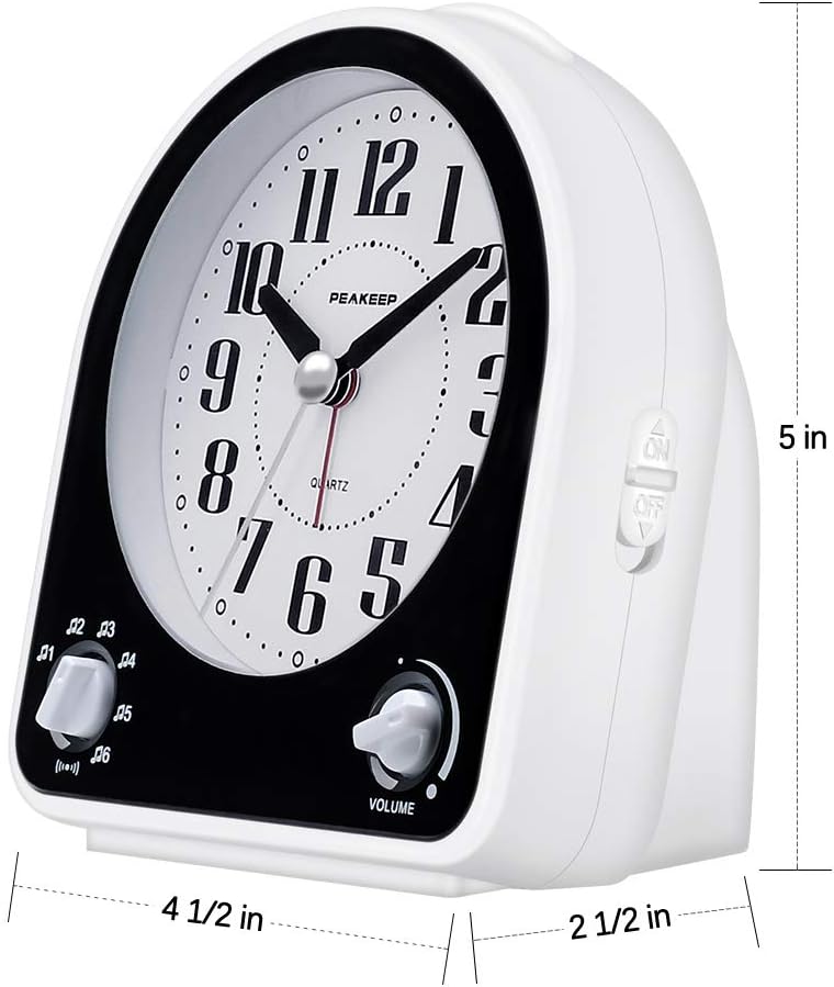Peakeep Analog Alarm Clock Non-Ticking Silent, 7 Wake-up Sounds | with Volume Control, Nightlight and Snooze, AA Battery Operated (Black)