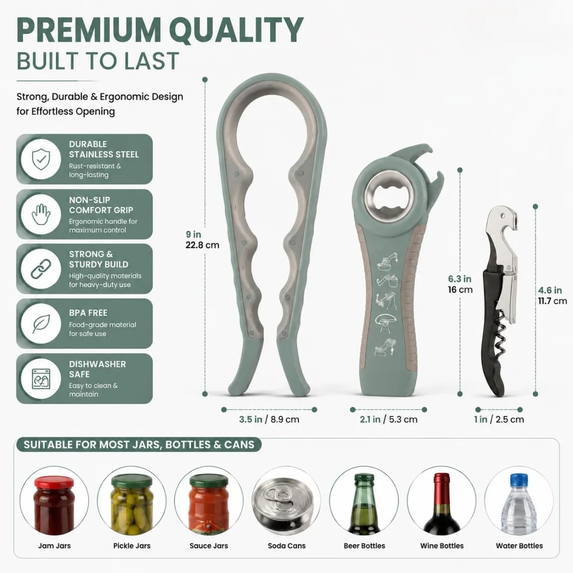 5-in-1 Non-Slip Opener Set, Can, Bottle & Wine Opener | Leverage design for easy open Comfortable grip handle Rust-proof steel Multi-purpose kitchen tool Compact storage