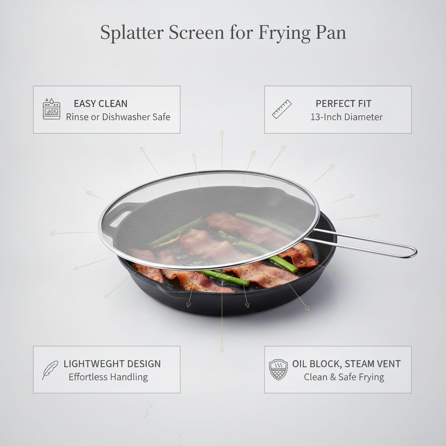 Stainless Steel Splatter Screen for Frying Pan, 13 Inch Mesh Oil Guard to Keep Stovetop Clean (1 Piece)