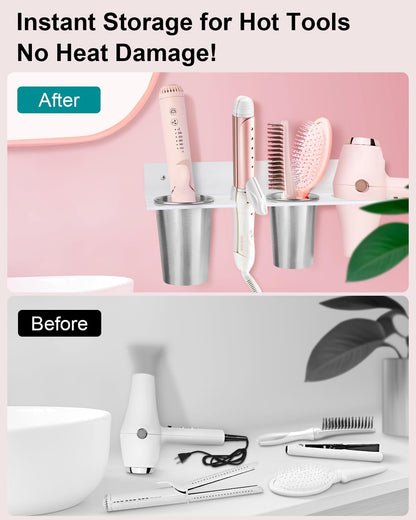 Hair Tool Organizer, Hair Dryer Holder with Heatproof Steel Cups, Acrylic Vanity Organizer for Curling Iron, Flat Iron & Hair Brushes, Perfect for Bathroom (White, Standard)