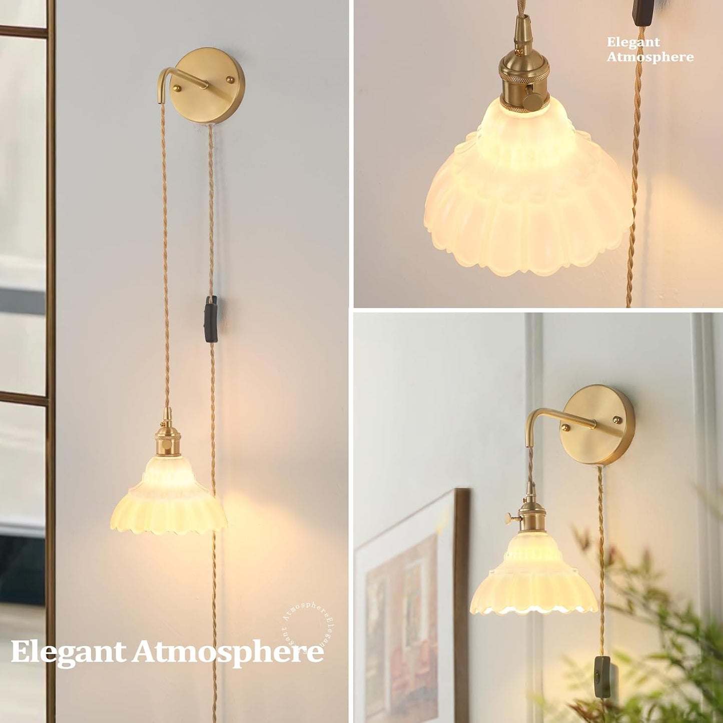 Shenmoyl Battery Operated Wall Sconce Wall Lamp with Green Lily of the Valley Shade Pattern Glass Adjustable Chain Retro Gold Wall Mounted Light, Modern Wall Lamp Fixtures Decor for Bedside Bedroom