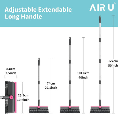 AIR U+ Floor Scrub Brush with Long Handle, 3-in-1 Rotating Head & Squeegee | Stiff Dual-Sided Bristle Scrubber for Shower, Bathroom, Kitchen and Patio, 30–50 In Handle for Easier Stand-up Cleaning