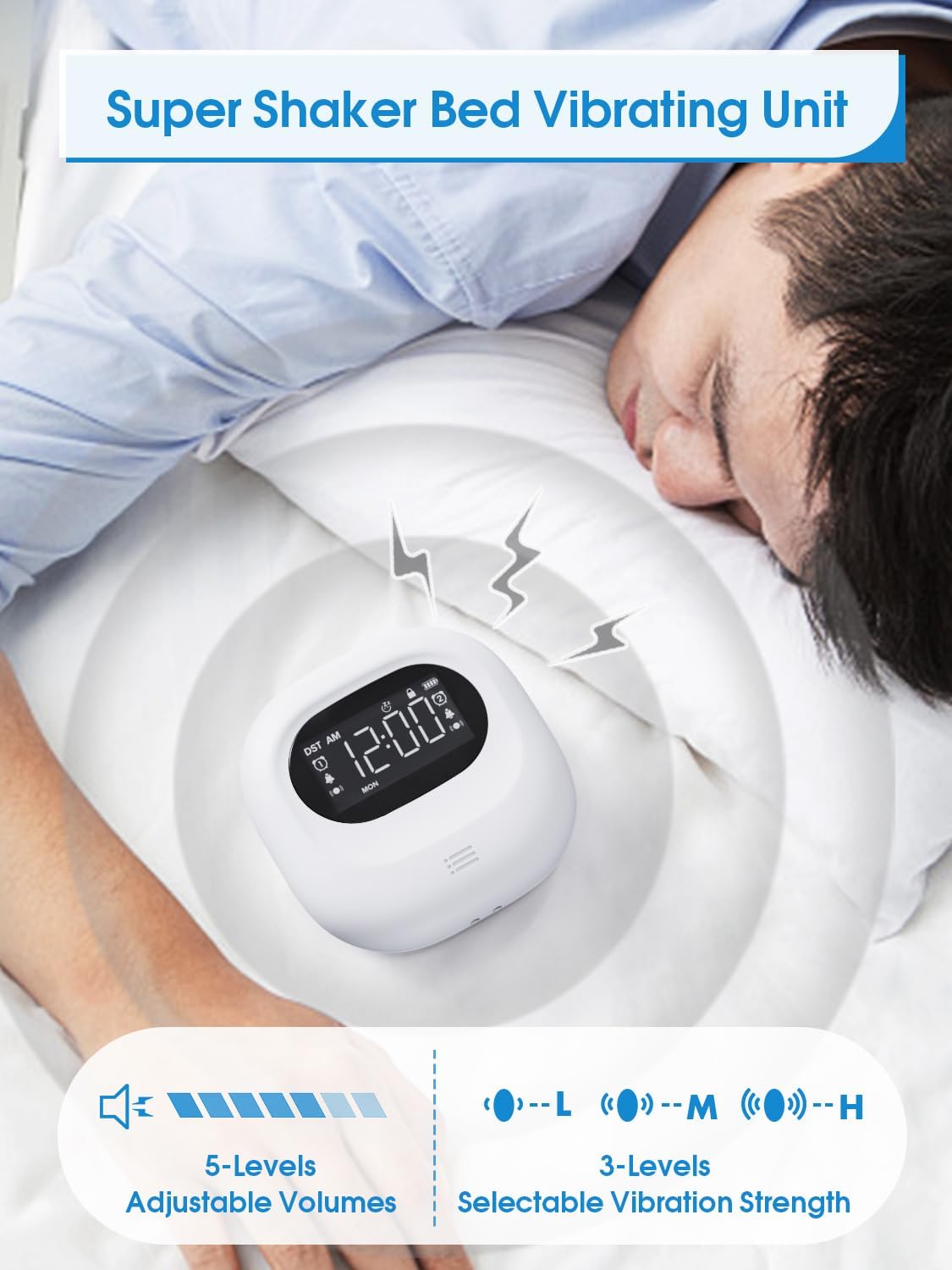 Vibrating Alarm Clock for Heavy Sleepers, Cordless Bed Shaker Clock Under Pillow for Teens, Deaf People, Adults, 3 Wake Modes, Rechargeable Battery Powered Travel Clock, Dual Alarm Clocks for Bedrooms