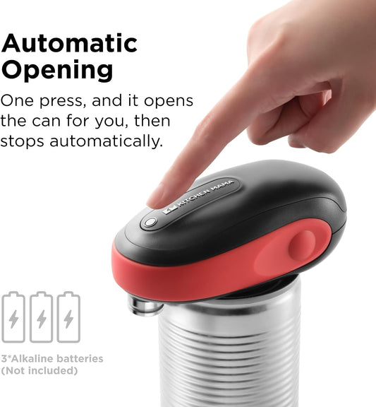 Kitchen Mama One-To-Go Electric Can Opener, Red | One Touch, Auto Stop, Smooth Edge, Cordless Battery Operated, For Seniors with Arthritis