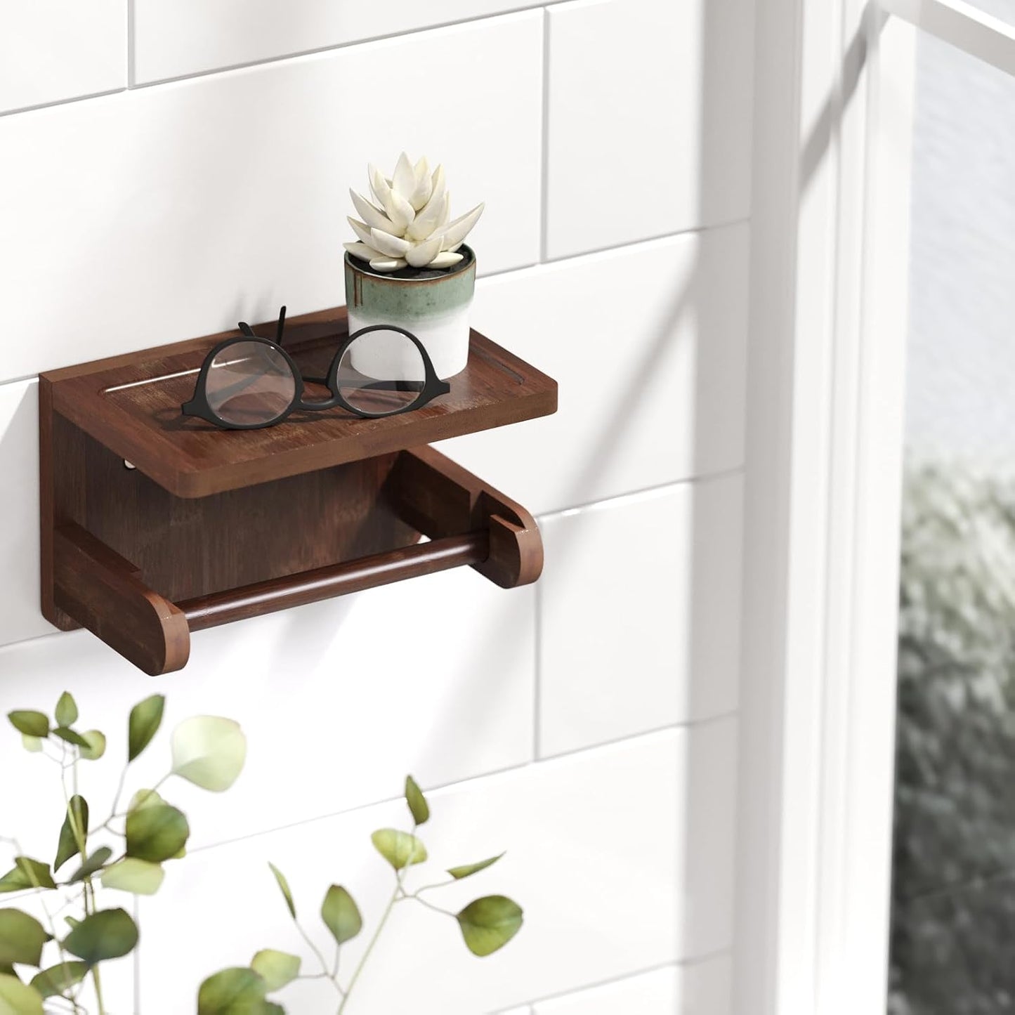 VERTORGAN 1 Pack Bamboo Toilet Paper Holder with Phone Shelf(Brown) | Bathroom Tissue Holder,Wall Mounted Rack,Space-Saving Organizer,Phone Shelf Stand,Easy Installation,Toilet Paper Rack