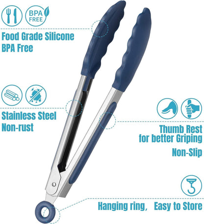Hotec Mini Silicone Kitchen Tongs for Cooking - 7-Inch Small Serving Tongs with Silicone Tips, Set of 3 (Black,Grey,Light Blue)