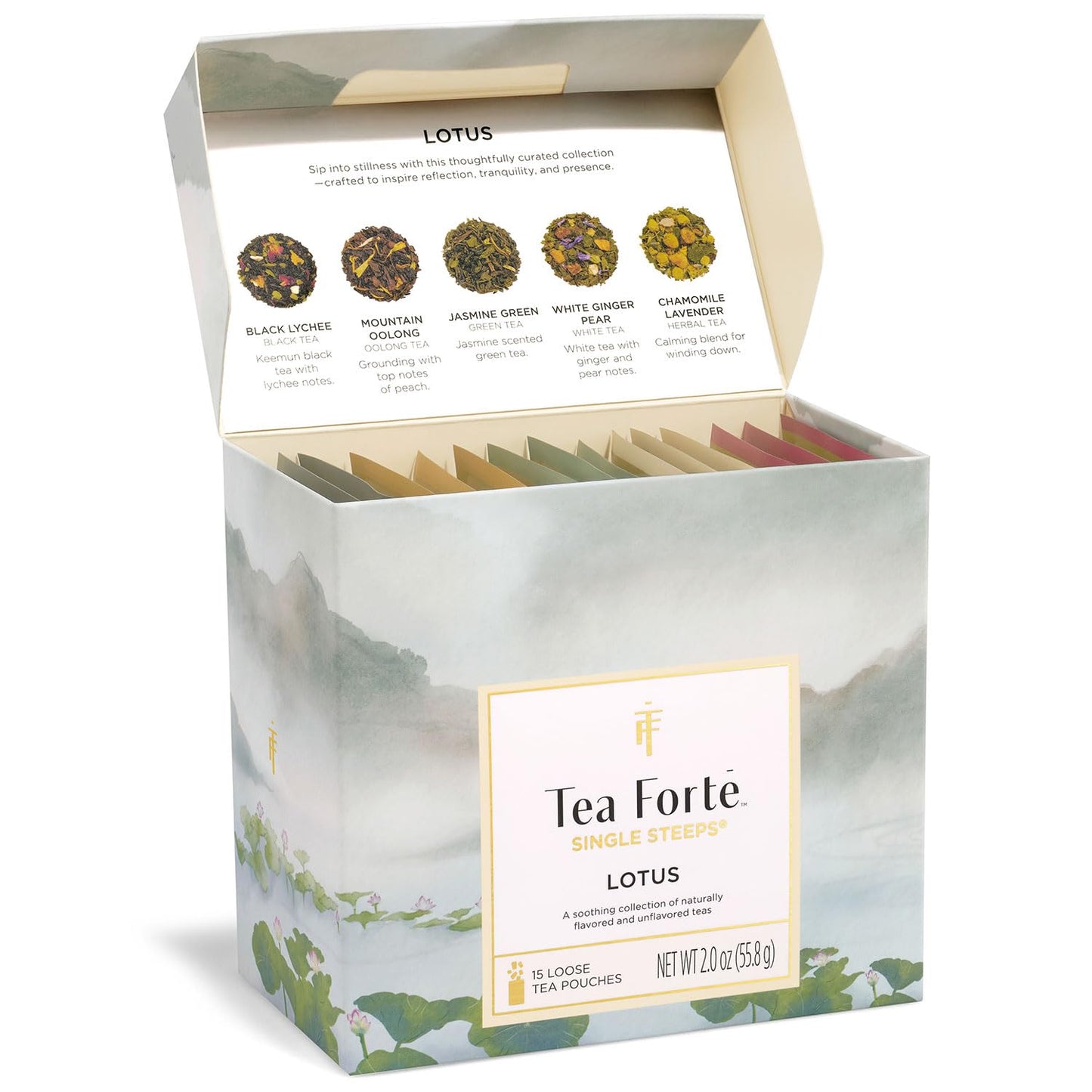 Tea Forte Single Steeps Tea Sampler, Lotus, 15 Pouches | 15 Single Serve Loose Leaf Bags - Premium Handcrafted Tea Blends - Giftable Presentation Box