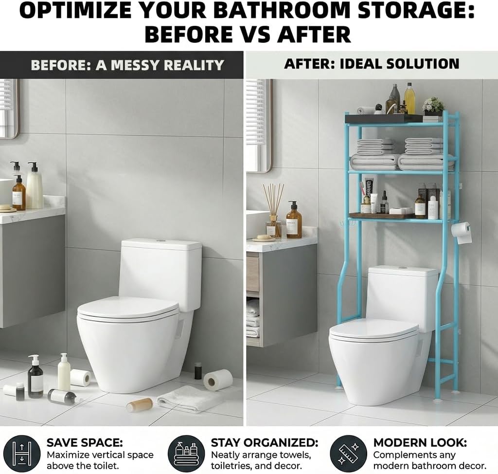 GloTika 3-Tier Over Toilet Storage, Anti-Tilt, 64" H, Black | Anti-Tilt Safety System, 150lb Capacity, Carbon Steel, Freestanding, No Drilling, Anti-Rust Coating, Paper Holder & 4 Hooks