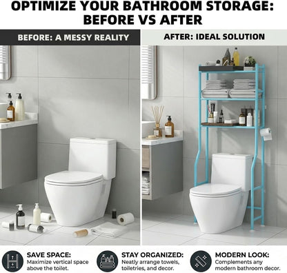 GloTika 3-Tier Over Toilet Storage, Anti-Tilt, 64" H, Black | Anti-Tilt Safety System, 150lb Capacity, Carbon Steel, Freestanding, No Drilling, Anti-Rust Coating, Paper Holder & 4 Hooks