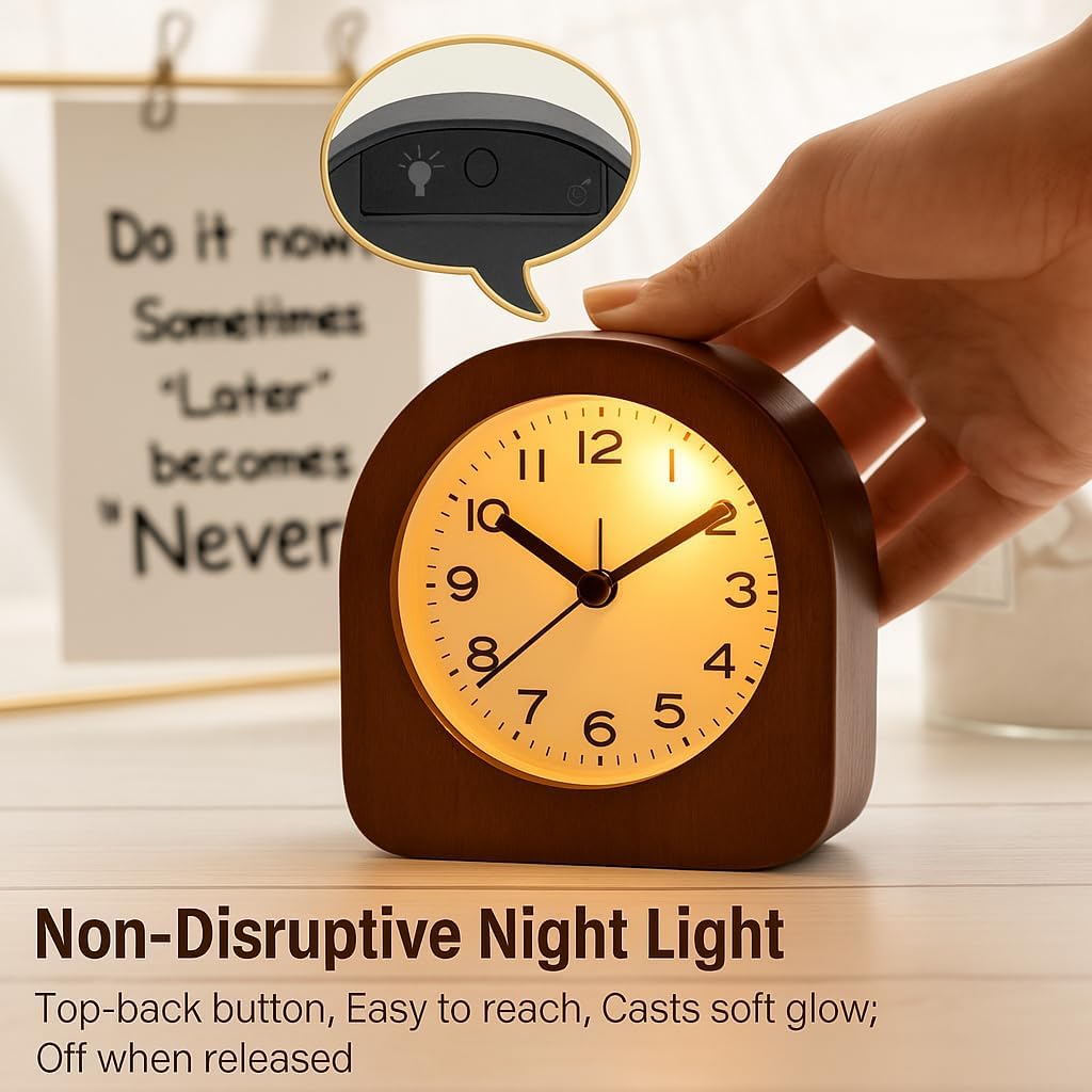 Vintage Solid Wood Analog Alarm Clock, Battery-Operated Alarm Clocks with Non-Disruptive Night Light, Non-Ticking Alarm Clock with Snooze Button and Soft Alarm Tone. (Dark Brown)