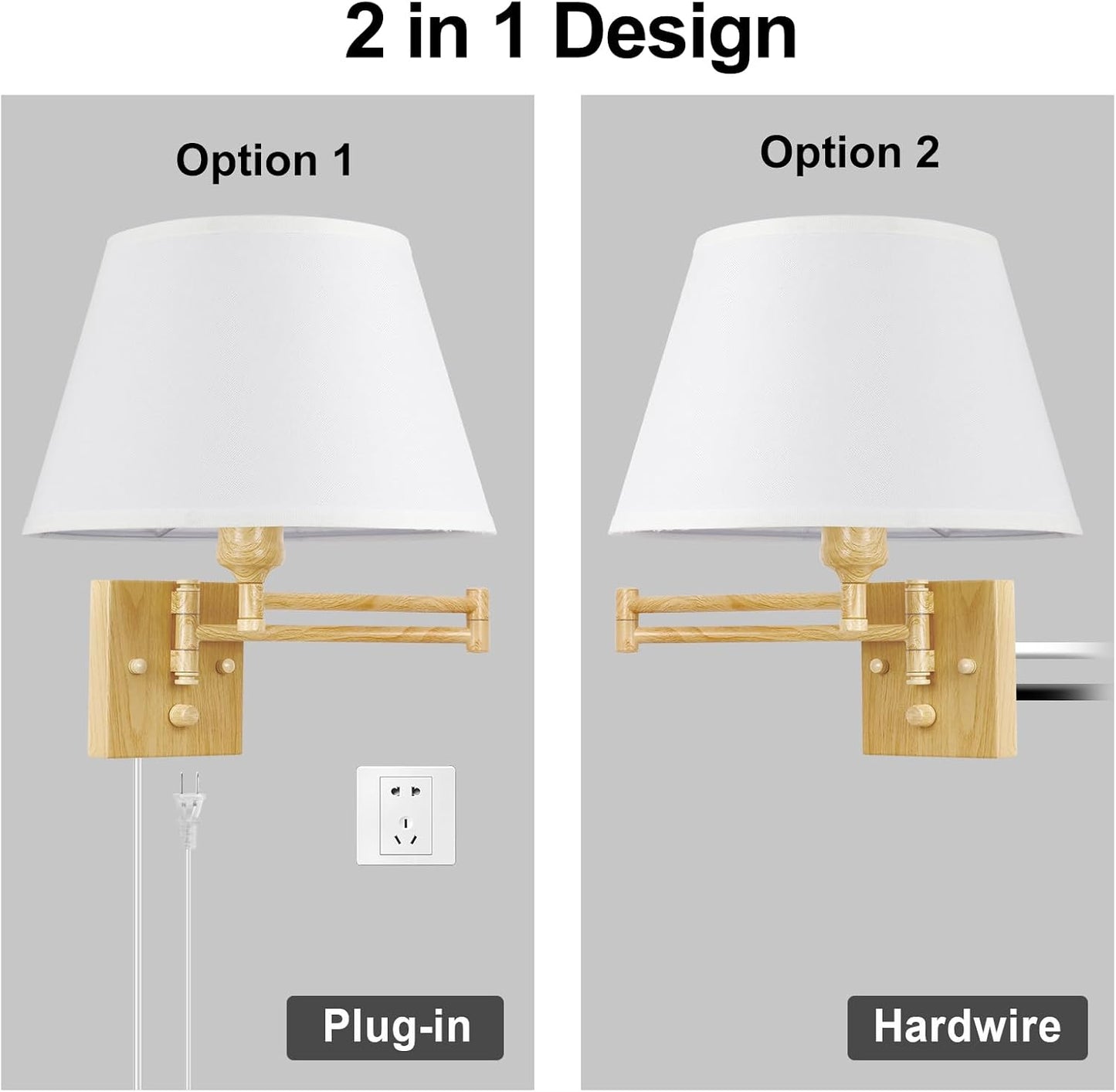 TRLIFE Wall Sconce Plug in, Dimmable Wall Sconces Set of Two Swing Arm Wall Lights with Plug in Cord and On/Off Dimmer Rotary Switch, 9.4" Medium Beige Fabric Shade(2 Pack, 2 Bulbs)